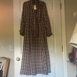 INC International Concepts Brown Chain-Print Long Sleeve Shirt Dress